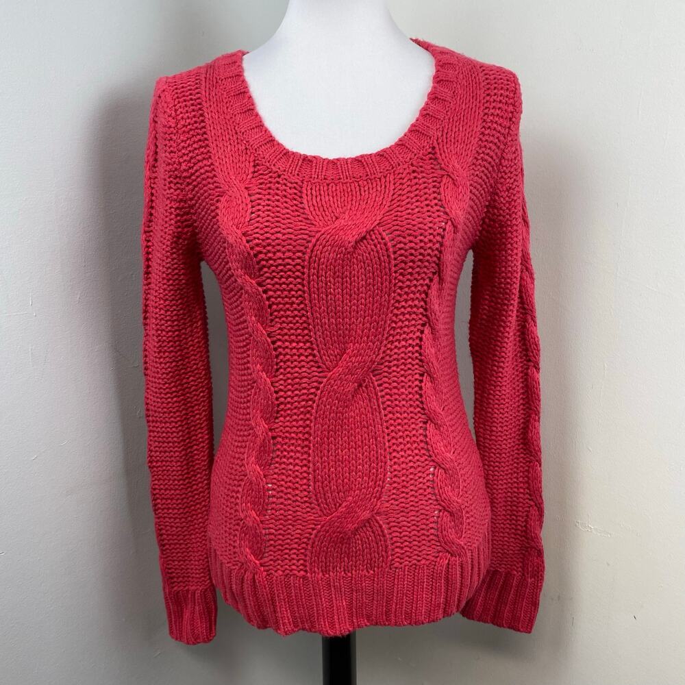 Anthropologie Tulle Raspberry Pink Chunky Cable Knit Sweater Medium